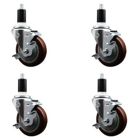 Service Caster 4'' Maroon Poly Swivel 1-3/8'' Expanding Stem Caster Set with Brake, 4PK SCC-EX20S414-PPUB-MRN-TLB-138-4